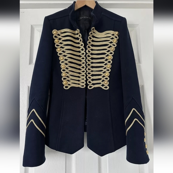 Zara Navy Blue Gold Embroidery Military Blogger Jacket Blazer XS - Picture 3 of 14
